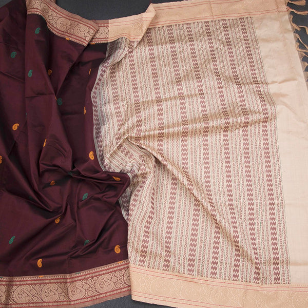 Poly Cotton Dark Maroon Saree With Mango Thread Buttas