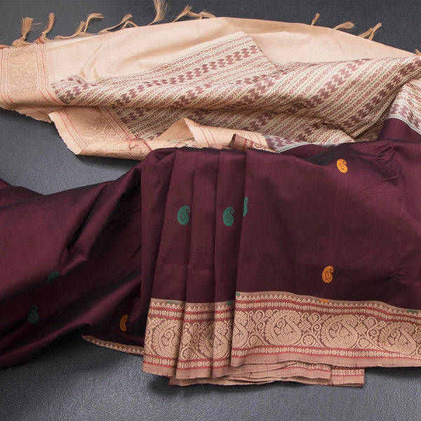 Poly Cotton Dark Maroon Saree With Mango Thread Buttas
