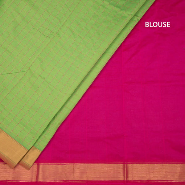 Poly Cotton Parrot Green Thread Checked Saree And Bavanji Border