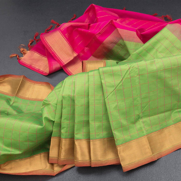 Poly Cotton Parrot Green Thread Checked Saree And Bavanji Border