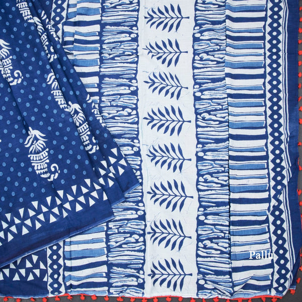 Mul Mul Cotton Dark Blue Printed Saree 03