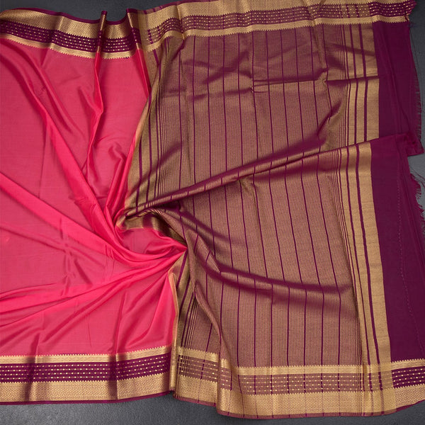 Semi Mysore Silk Fiery Rose Pink Plain Saree And Zari Border