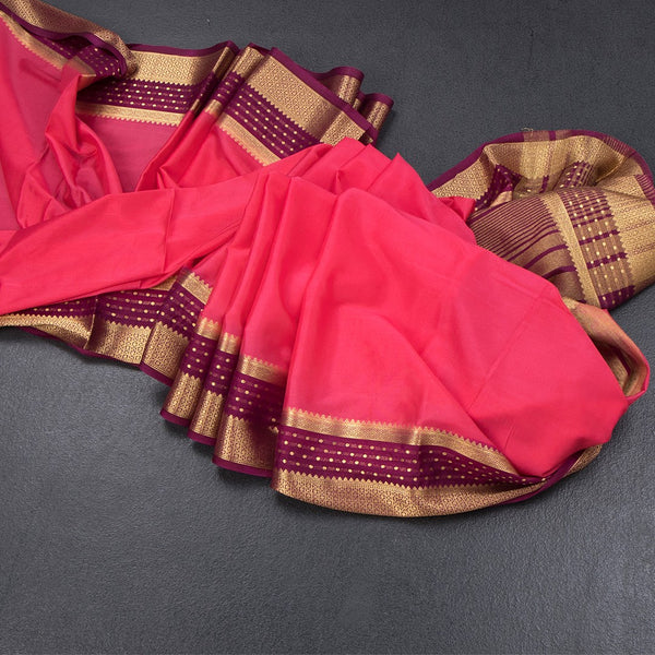 Semi Mysore Silk Fiery Rose Pink Plain Saree And Zari Border