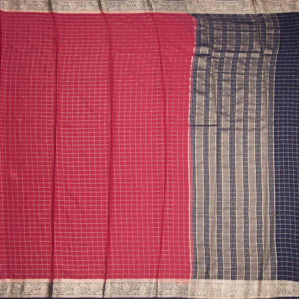 Semi Mysore Silk Fiery Rose Pink Checked Saree And Zari Border