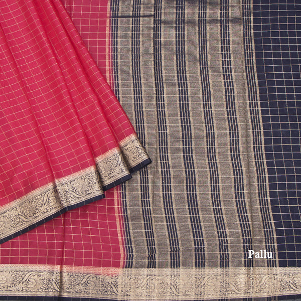 Semi Mysore Silk Fiery Rose Pink Checked Saree And Zari Border