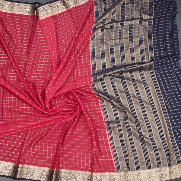 Semi Mysore Silk Fiery Rose Pink Checked Saree And Zari Border