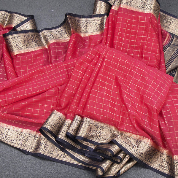 Semi Mysore Silk Fiery Rose Pink Checked Saree And Zari Border