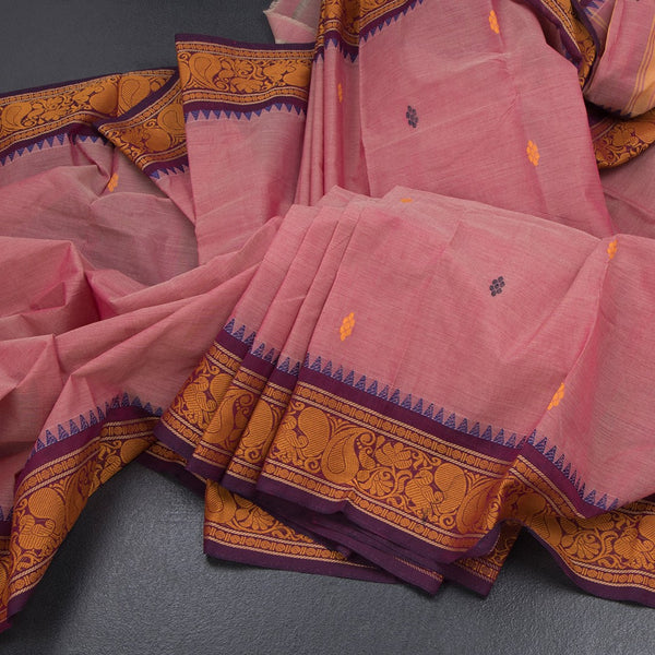 Chettinad Cotton Rose Pink Thread Work Saree
