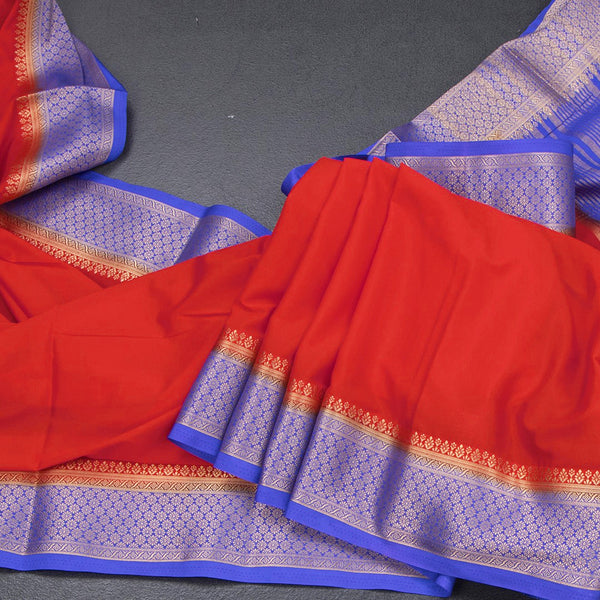 Semi Mysore Silk Reddish Orange Plain Saree And Zari Border