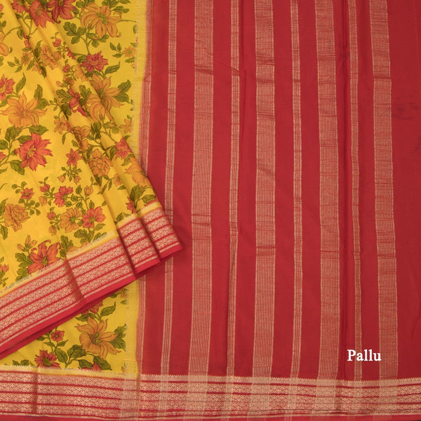 Semi Mysore Silk Yellow Floral Printed Saree And Zari Border