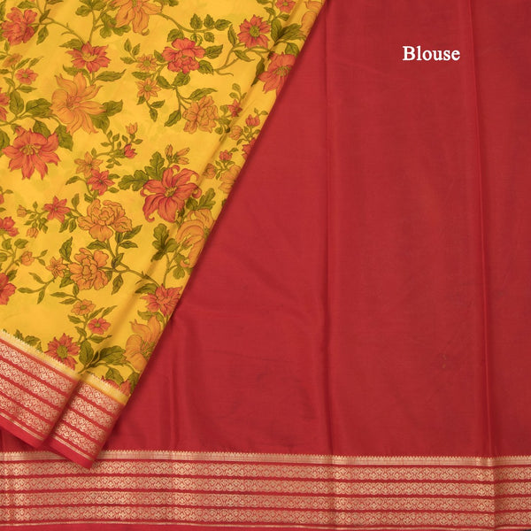 Semi Mysore Silk Yellow Floral Printed Saree And Zari Border