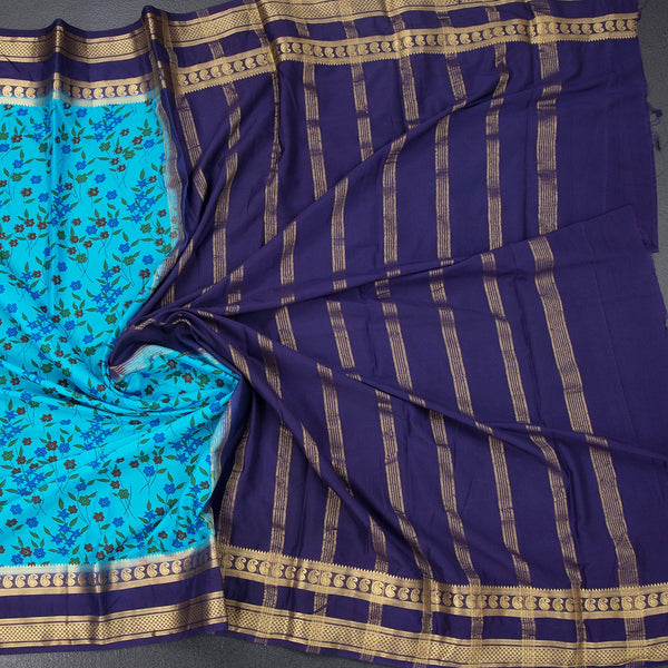 Semi Mysore Silk Sky Blue Floral Printed Saree And Zari Border