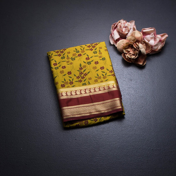 Semi Mysore Silk Mustard Floral Printed Saree And Zari Border