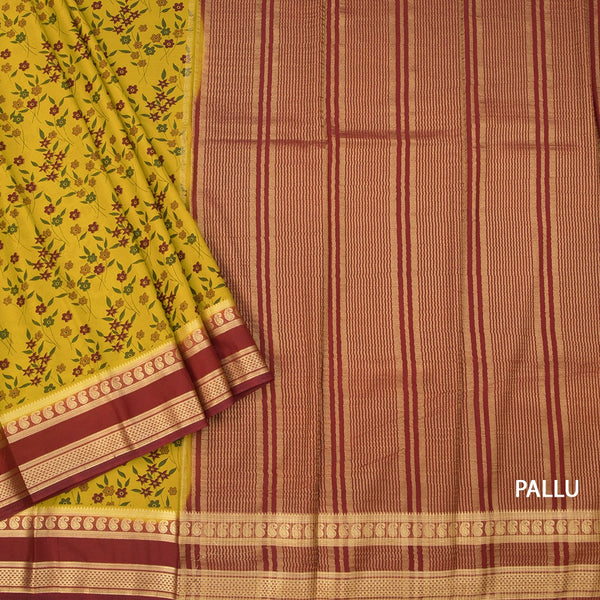 Semi Mysore Silk Mustard Floral Printed Saree And Zari Border