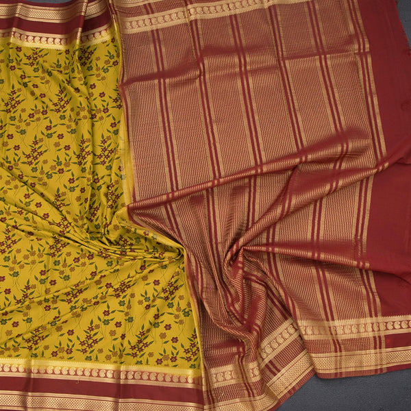 Semi Mysore Silk Mustard Floral Printed Saree And Zari Border