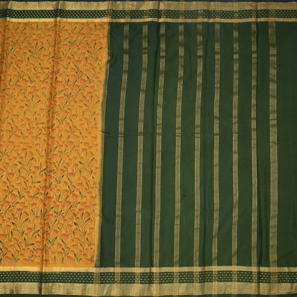 Semi Mysore Silk Mango Yellow Floral Printed Saree And Zari Border