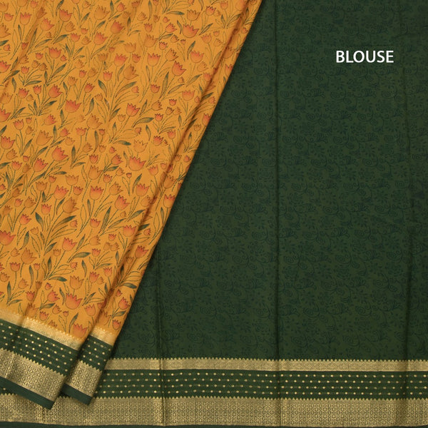 Semi Mysore Silk Mango Yellow Floral Printed Saree And Zari Border