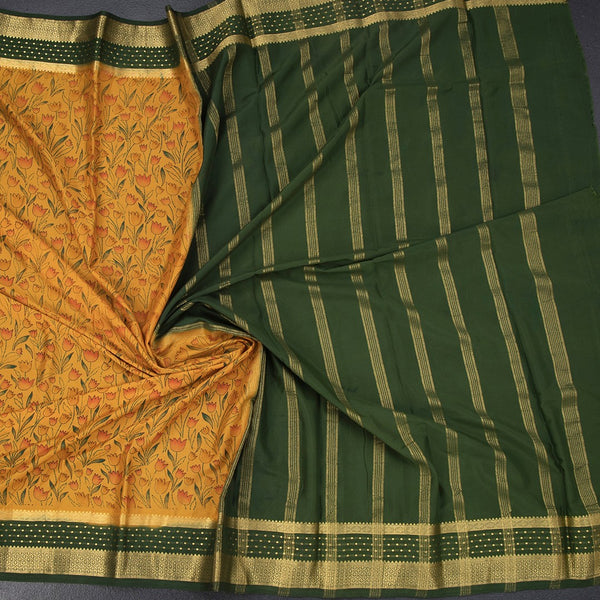 Semi Mysore Silk Mango Yellow Floral Printed Saree And Zari Border