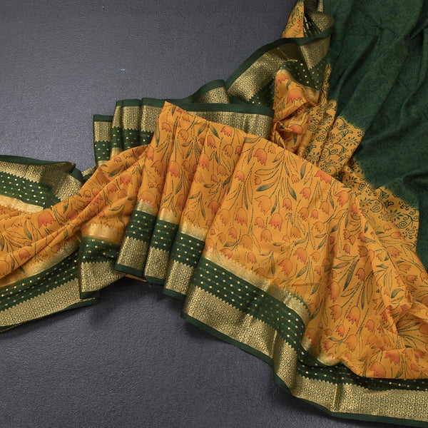 Semi Mysore Silk Mango Yellow Floral Printed Saree And Zari Border