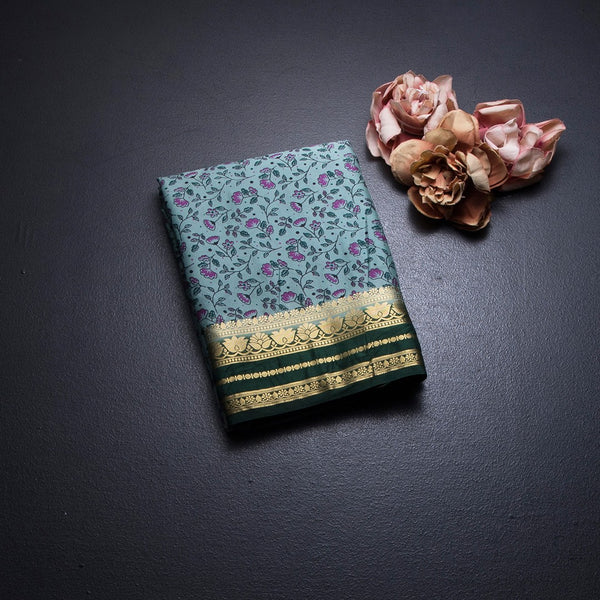Semi Mysore Silk Pista Green Floral Printed Saree And Zari Border