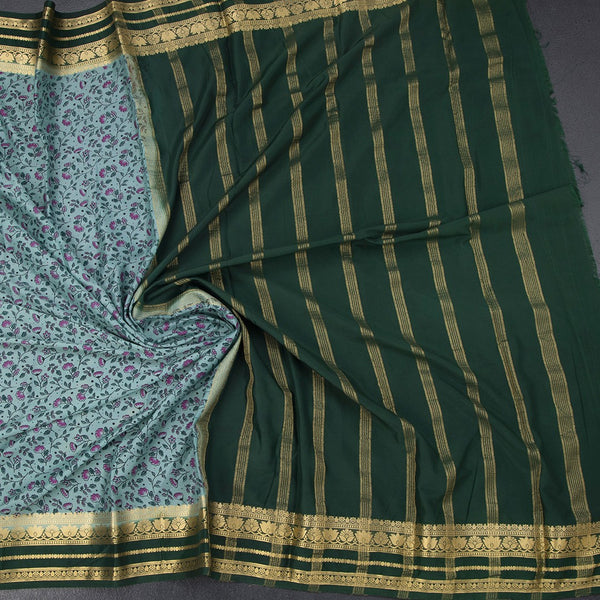 Semi Mysore Silk Pista Green Floral Printed Saree And Zari Border