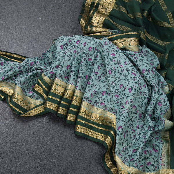 Semi Mysore Silk Pista Green Floral Printed Saree And Zari Border