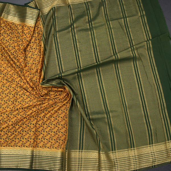 Semi Mysore Silk Yellow Floral Printed Saree And Zari Border 02