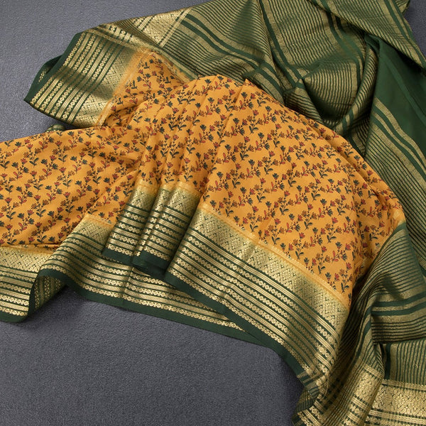 Semi Mysore Silk Yellow Floral Printed Saree And Zari Border 02