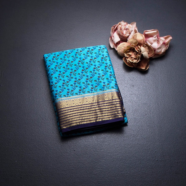 Semi Mysore Silk Sky Blue Floral Printed Saree And Zari Border 02