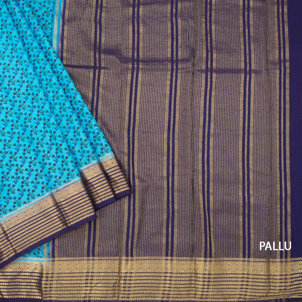 Semi Mysore Silk Sky Blue Floral Printed Saree And Zari Border 02