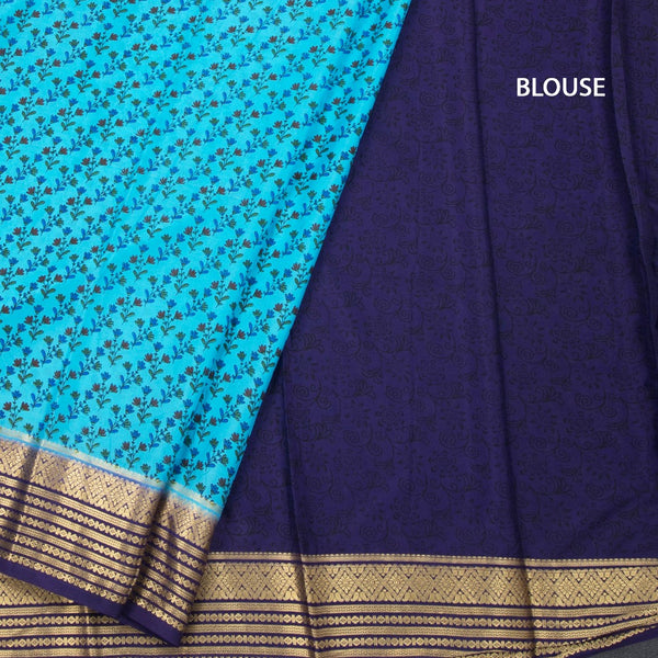 Semi Mysore Silk Sky Blue Floral Printed Saree And Zari Border 02