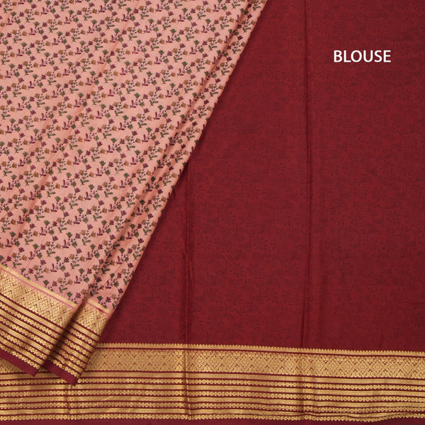 Semi Mysore Silk Peach Floral Printed Saree And Zari Border 02