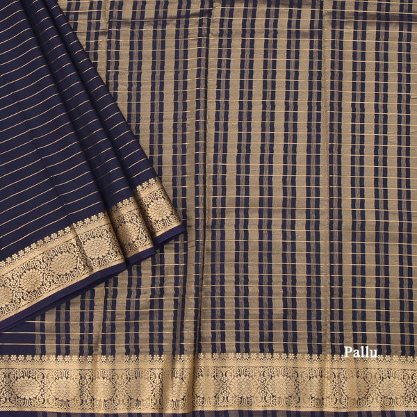 Semi Mysore Silk Navy Blue Zari Stripes Saree And Zari Border