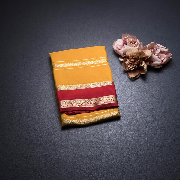 Semi Mysore Silk Mango Yellow Zari Stripes Saree