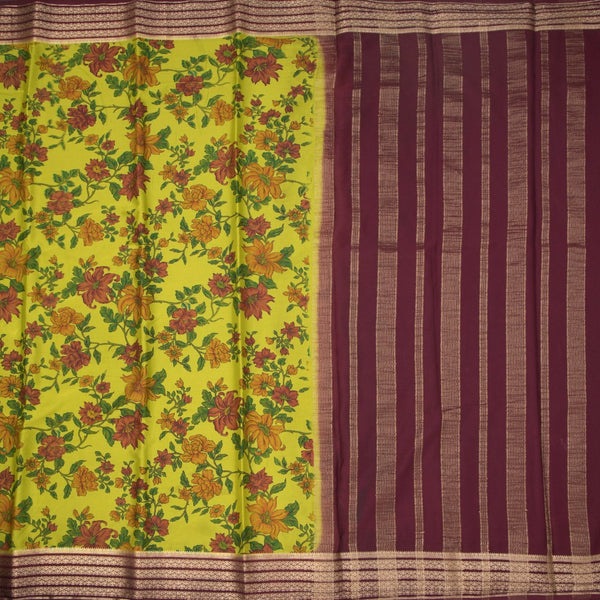 Semi Mysore Silk Parrot Green Floral Printed Saree