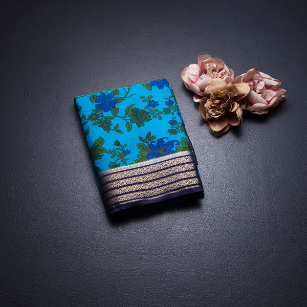 Semi Mysore Silk Azure Blue Floral Printed Saree