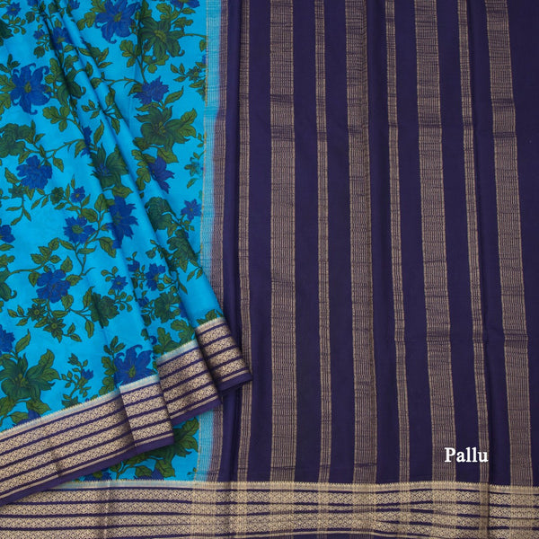 Semi Mysore Silk Azure Blue Floral Printed Saree