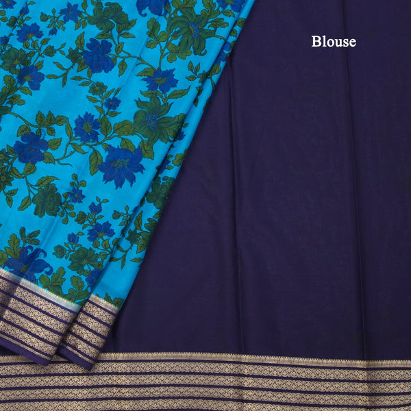 Semi Mysore Silk Azure Blue Floral Printed Saree