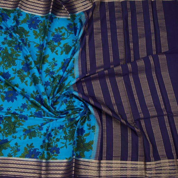 Semi Mysore Silk Azure Blue Floral Printed Saree