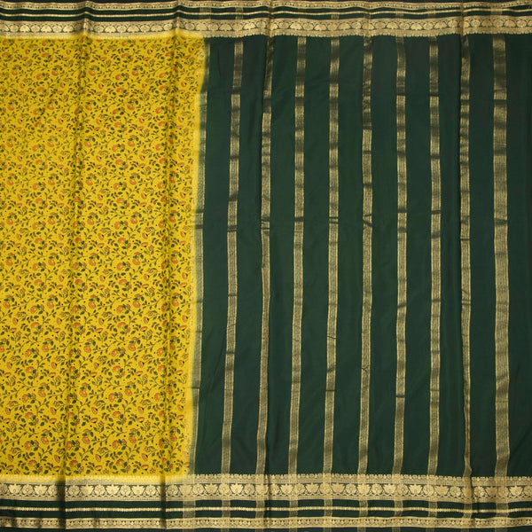 Semi Mysore Silk Lime Green Floral Printed Saree