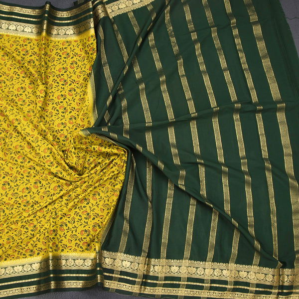 Semi Mysore Silk Lime Green Floral Printed Saree