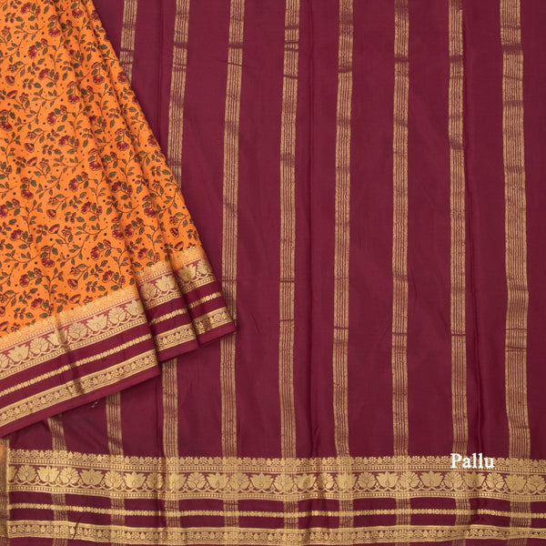 Semi Mysore Silk Orange Floral Printed Saree