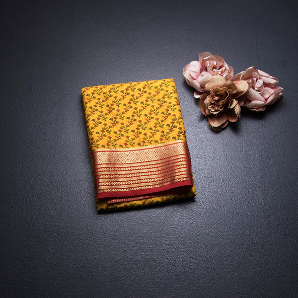 Semi Mysore Silk Mango Yellow Floral Printed Saree