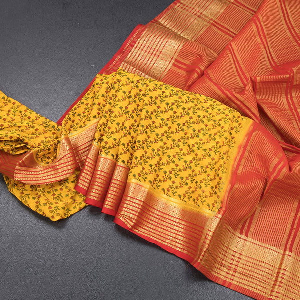 Semi Mysore Silk Mango Yellow Floral Printed Saree