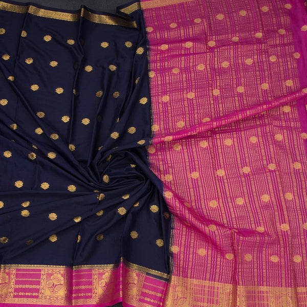 Semi Mysore Silk Navy Blue Saree With Zari Buttas