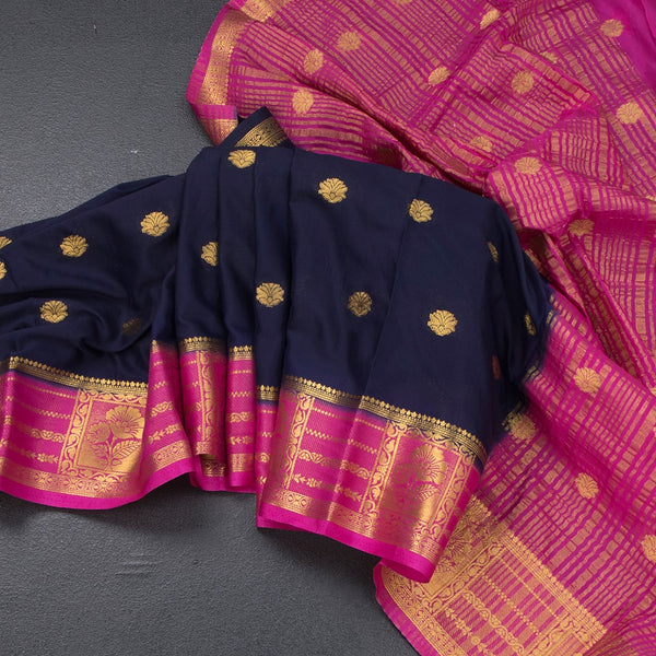 Semi Mysore Silk Navy Blue Saree With Zari Buttas
