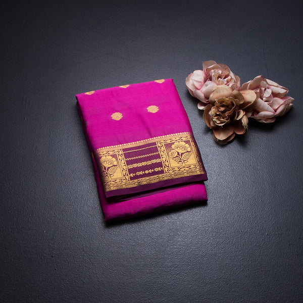 Semi Mysore Silk Rani Pink Saree With Zari Buttas