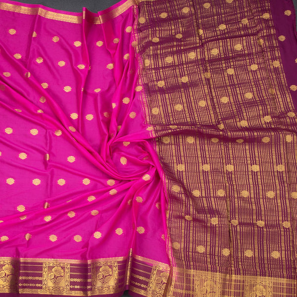 Semi Mysore Silk Rani Pink Saree With Zari Buttas