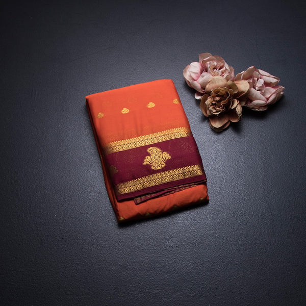 Semi Mysore Silk Orange Saree With Zari Buttas