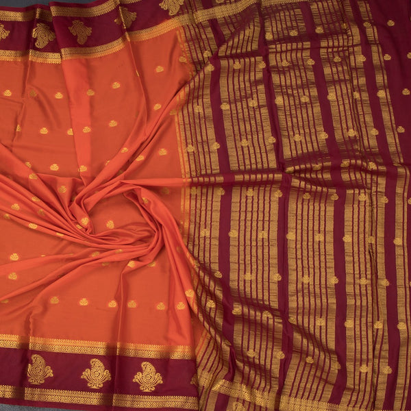 Semi Mysore Silk Orange Saree With Zari Buttas